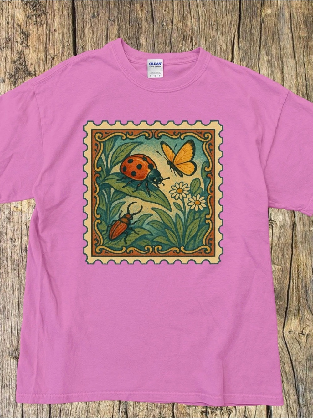 Gildan Pink Graphic Tee with Ladybug, Butterfly & Floral Stamp Design